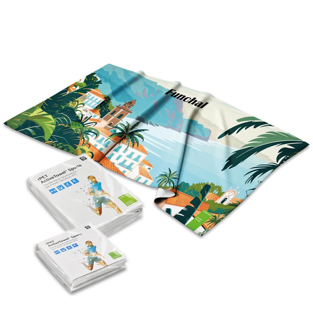 rPET ActiveTowel® Sports 80x40 cm im Polybeutel individueller Klappkarte, All-Inclusive-Paket